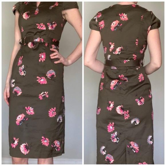 Boden Dresses & Skirts - BODEN olive green floral pencil dress midi belted cap sleeve size 4L